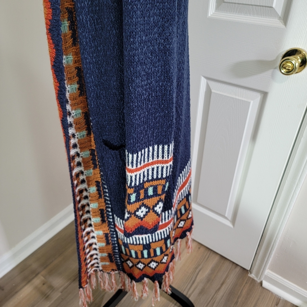 Tassel Hem Open Front Duster (Navy, Brick Red) Women's size Medium Pockets - Picture 7 of 15